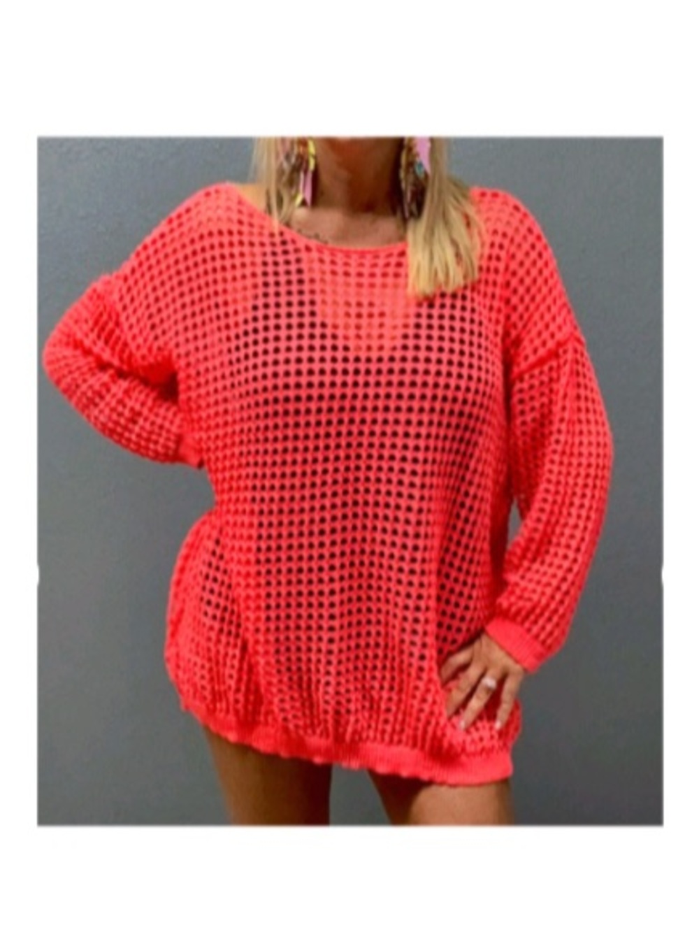 NWT Rebel Raven Neon coral open knit crochet tunic blouse - Picture 5 of 12